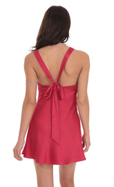 Satin V-Neck Open back Dress in Red